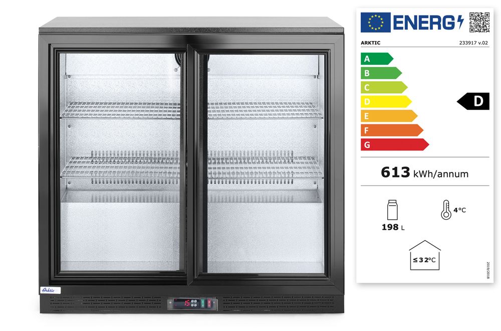 Back bar refrigerator with double sliding doors, Arktic, 158L, Black, 220-240V/160W, 900x520x(H)865mm