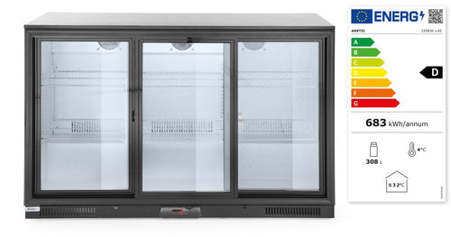 Back bar refrigerator with triple sliding doors, Arktic, 254L, Black, 220-240V/160W, 1350x520x(H)865mm