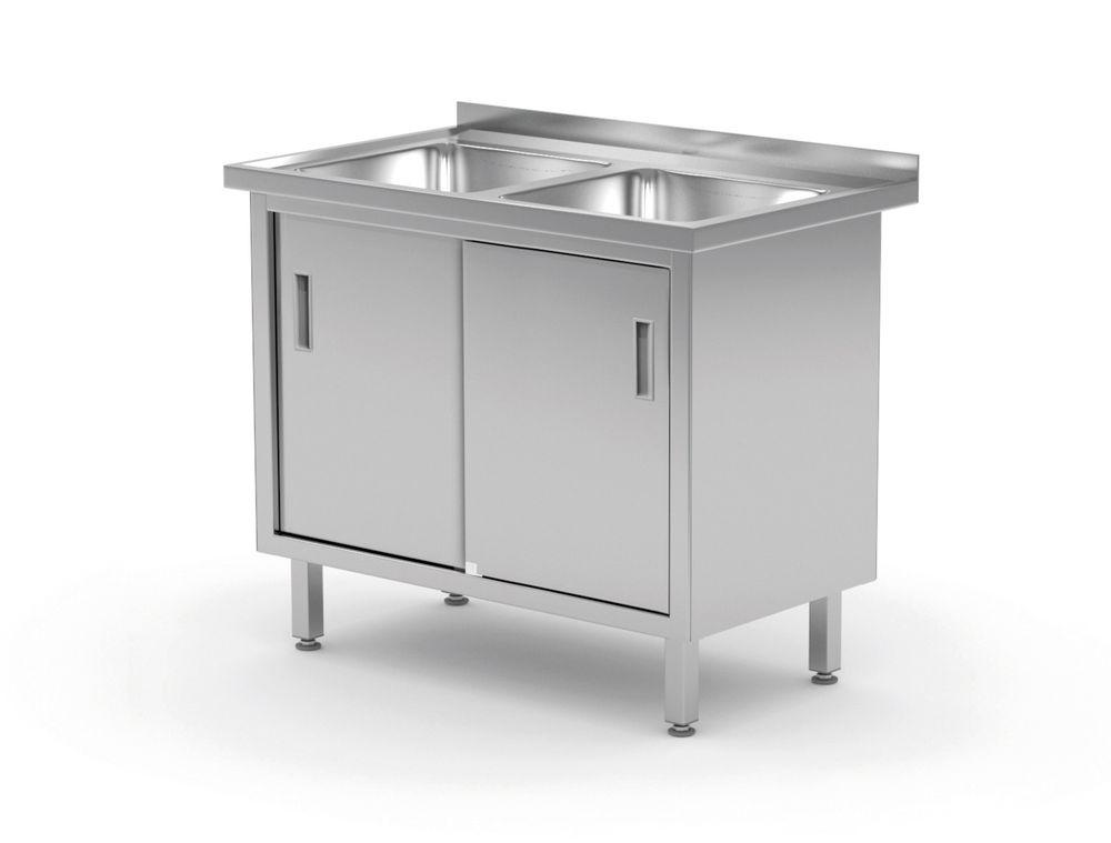 Table with 2 sinks, cabinet – welded, with sliding doors, HENDI, Profi Line, 1000x600x(H)850mm