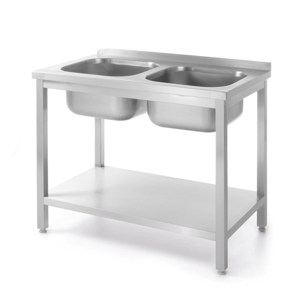 Table with 2 sinks and shelf, bolted, HENDI, Kitchen Line, two sink skåls, 1000x600x(H)850mm